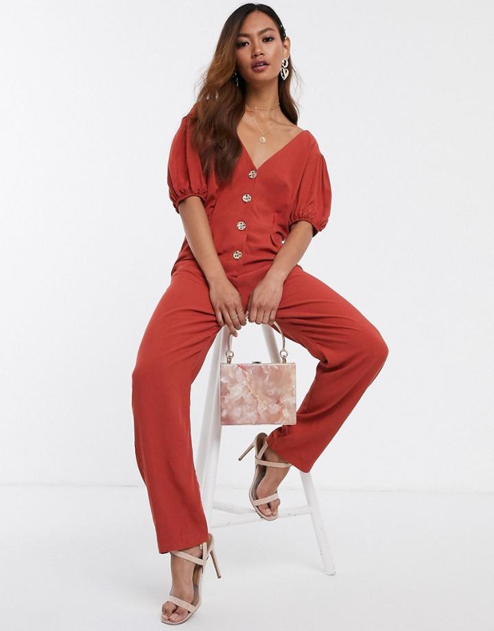 Asos Design Button Front Tea Jumpsuit With Puff Sleeve-multi