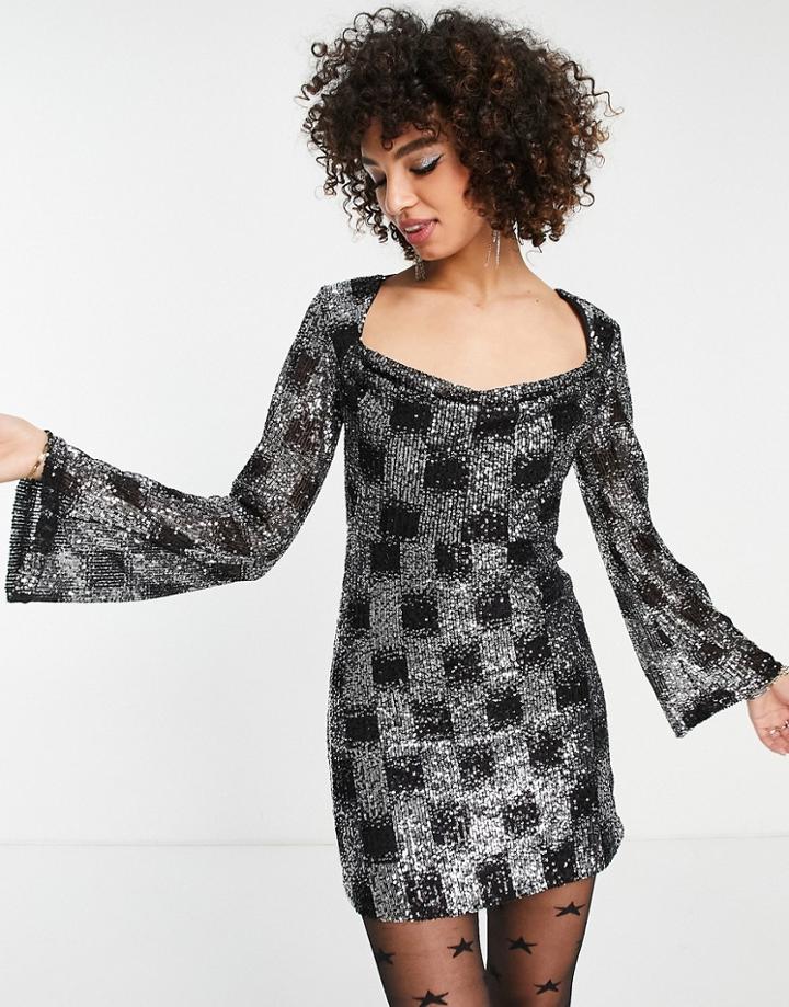 Topshop Sequin Bell Sleeve Mini Dress In Check-multi