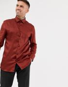 River Island Slim Fit Sateen Shirt In Rust-red