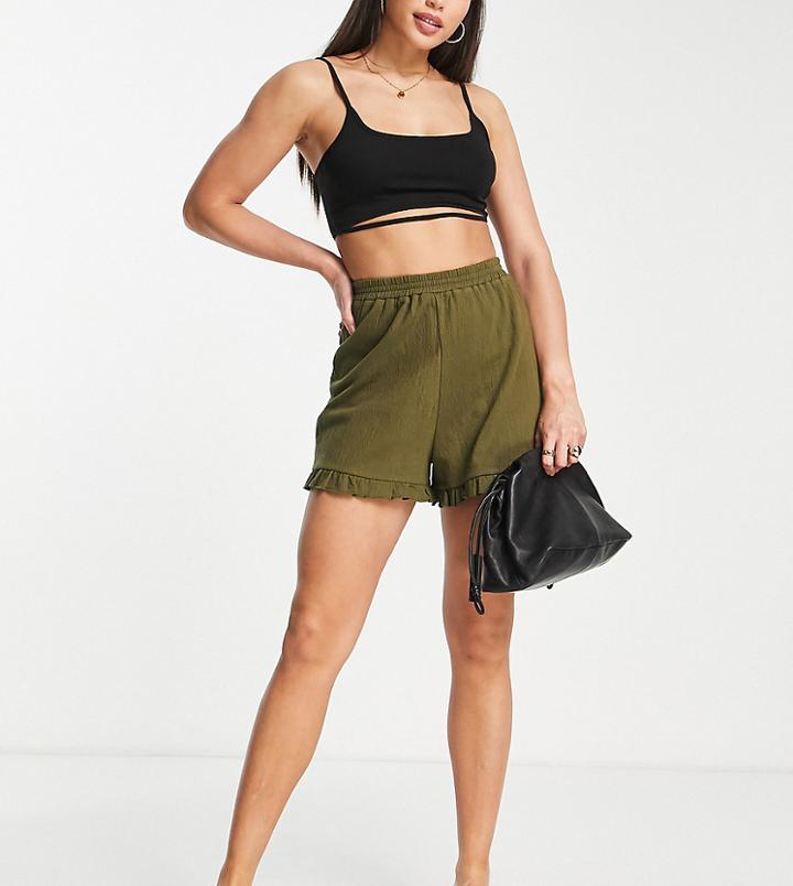 Asos Design Tall Crinkle Short In Cotton With Ruffle Hem In Khaki-multi