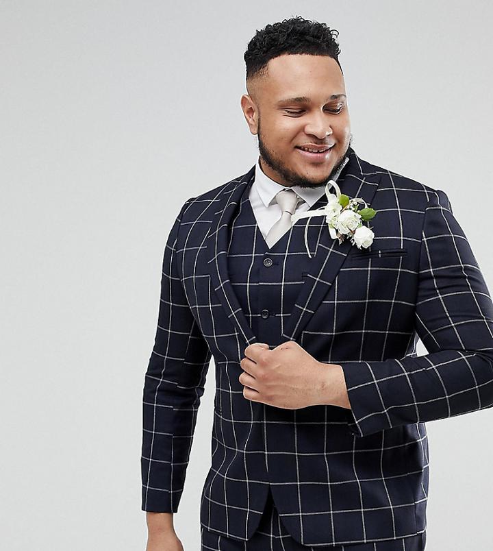 Asos Plus Wedding Skinny Suit Jacket In Navy Windowpane Check - Navy