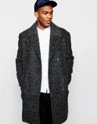 Asos Double Breasted Overcoat In Black Boucle - Black