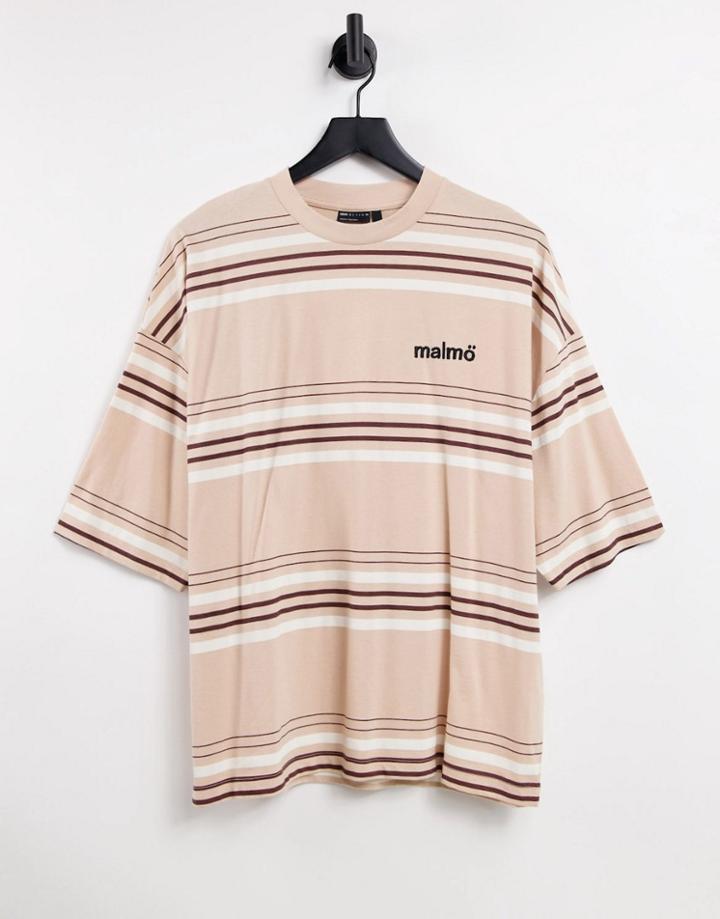 Asos Design Oversized Stripe T-shirt In Beige With Embroidery Text Detail - Beige-neutral