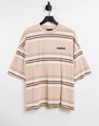 Asos Design Oversized Stripe T-shirt In Beige With Embroidery Text Detail - Beige-neutral