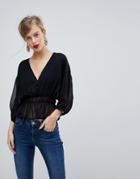 Asos Sheer Waisted Poets Sleeve Blouse - Black