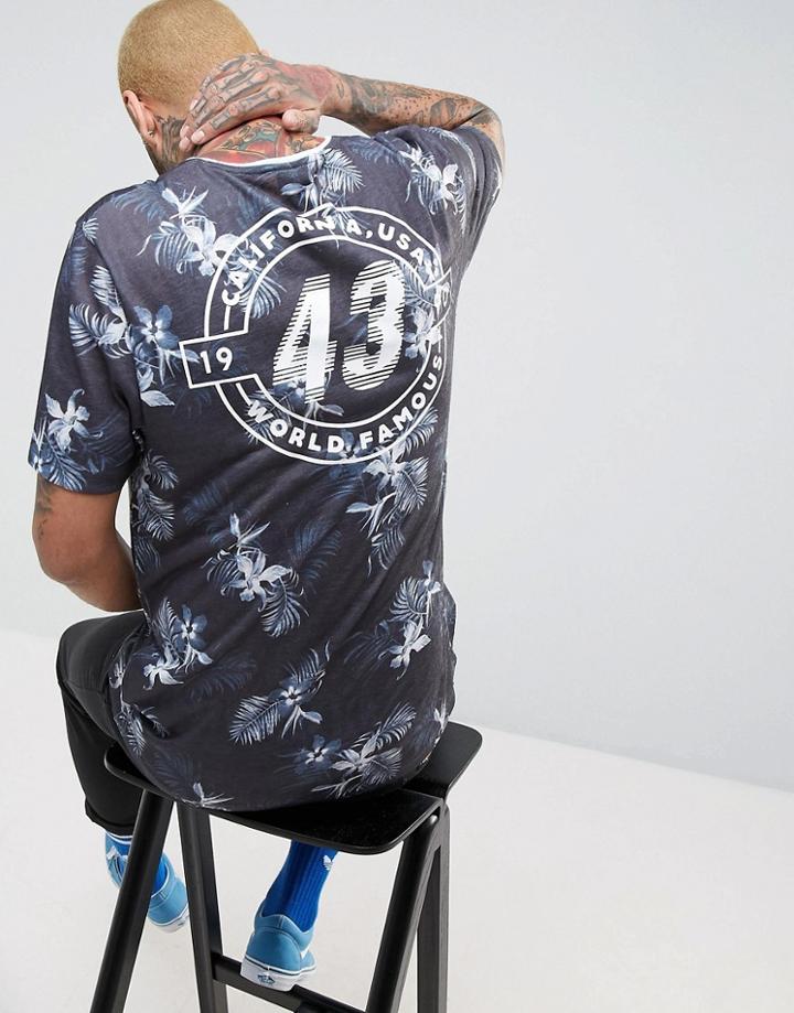 Asos Longline T-shirt With All Over Floral & Back Print - Navy