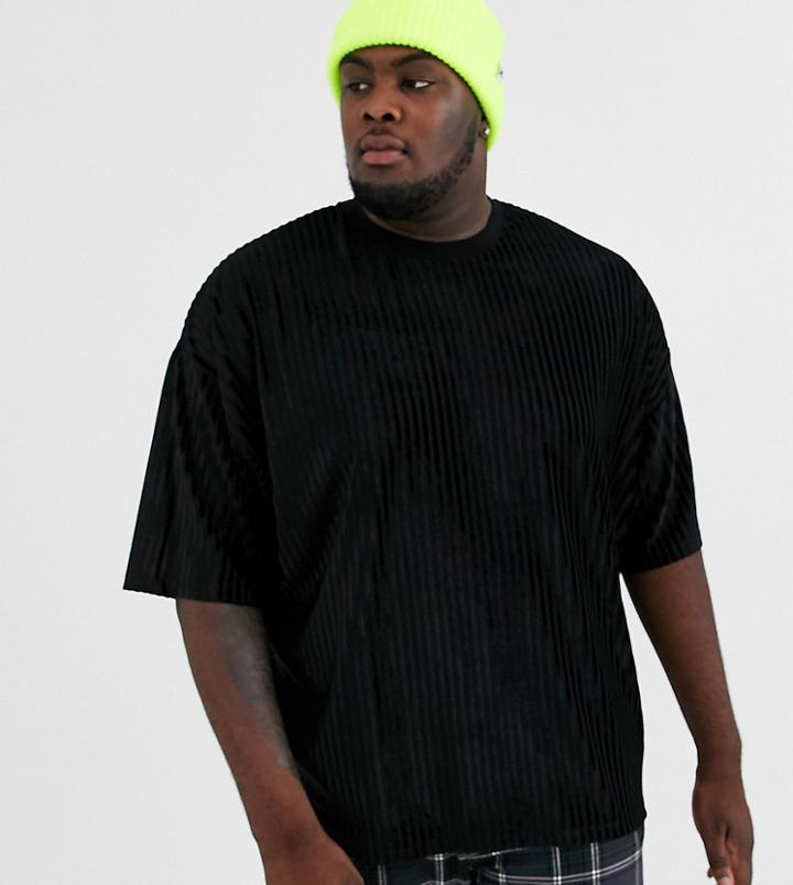 Asos Design Plus Oversized T-shirt With Half Sleeve In Ribbed Velour In Black