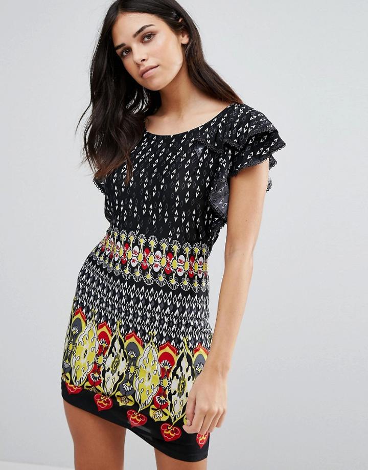 Pussycat London Printed Dress With Ruffle Sleeves - Black