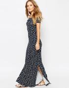 Asos Off Shoulder Ruffle Maxi Dress In Ditsy Print - Navy