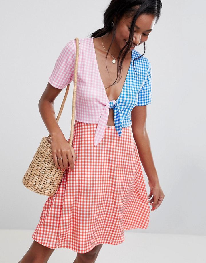 Asos Design Mini Skater Dress With Tie Front In Color Block Gingham - Multi