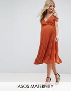 Asos Maternity Midi Skater Dress With Cold Shoulder And Lace Detail - Orange