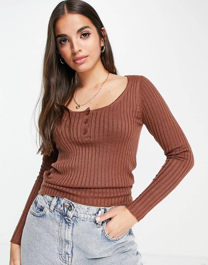 Asos Design Sweater With Scoop Neck And Button Placket In Brown