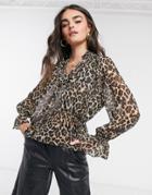 Asos Design Long Sleeve Blouse With Pussybow And Shirred Waist In Animal Print-no Color