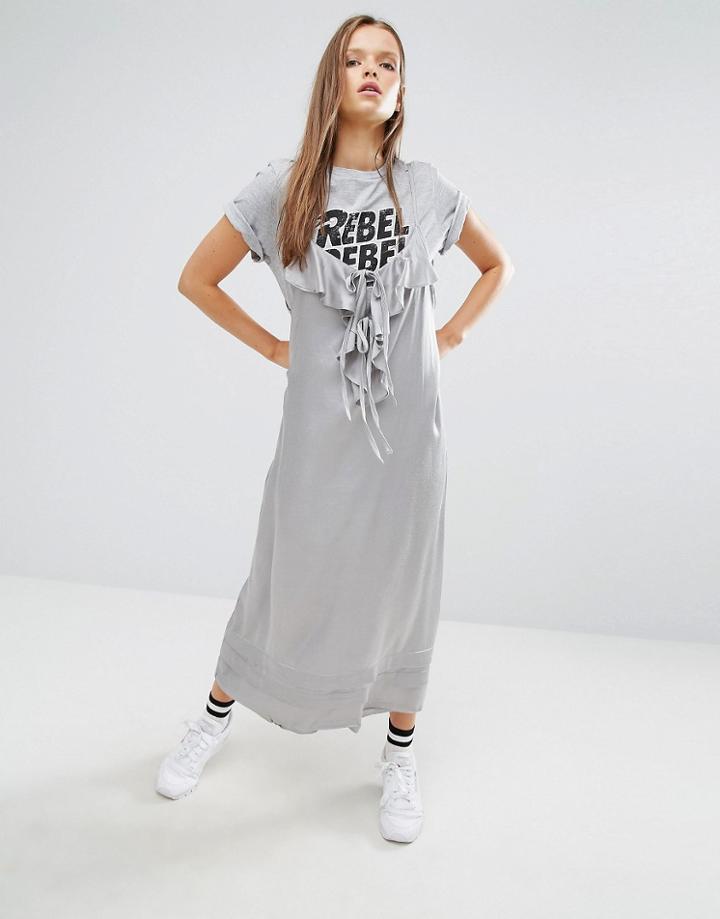 Stylenanda Silky Midi Cami Dress With Ruffles - Gray