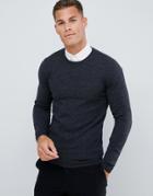 Asos Design Muscle Fit Merino Wool Sweater In Charcoal - Gray