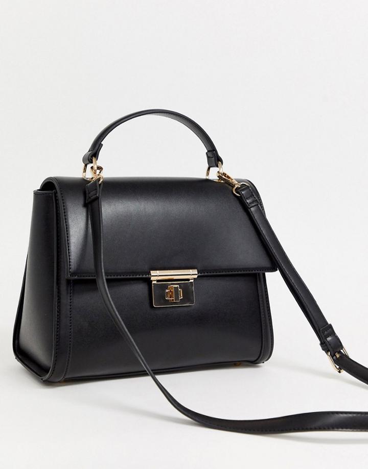 Asos Design Clean Structured Tote Bag With Plate Detail-black