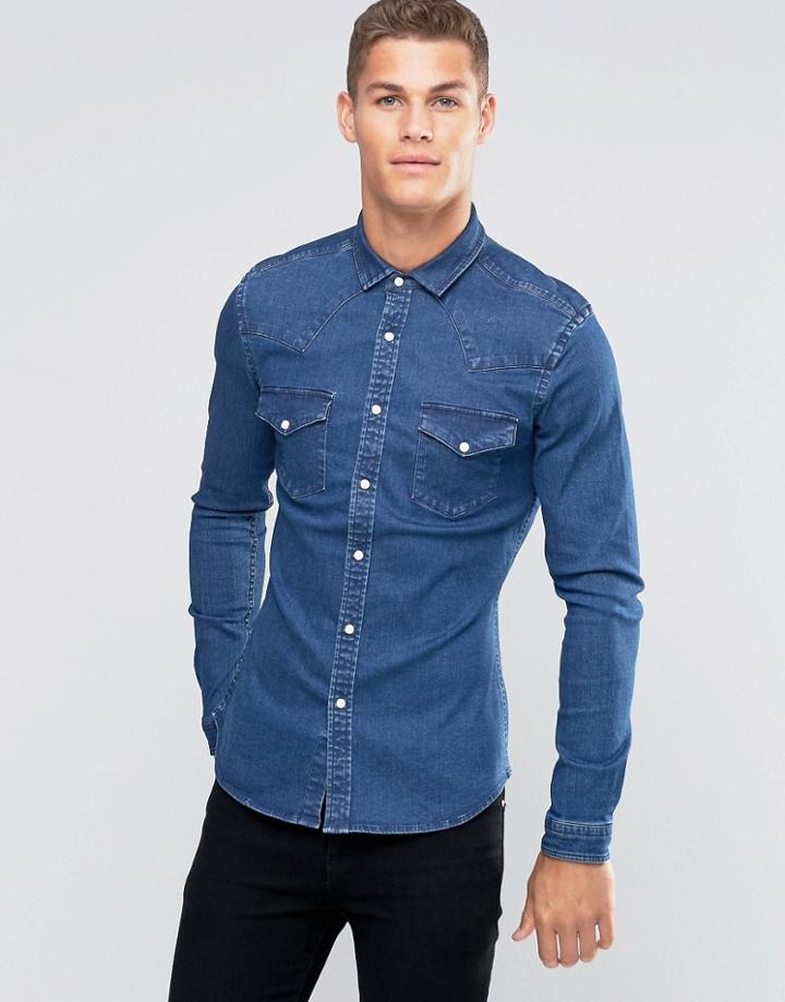 Asos Skinny 11oz Denim Western Shirt In Rinse Wash - Blue