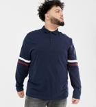 Asos Design Plus Relaxed Long Sleeve Polo Shirt With Contrast Sleeve Stripe In Navy