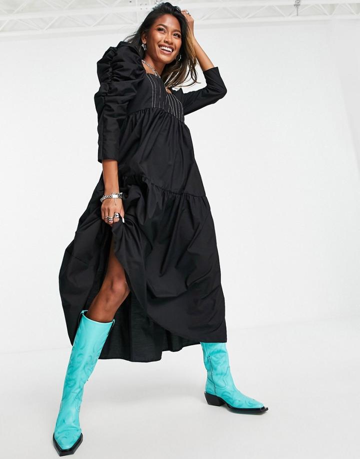 Topshop Ruched Sleeve Contrast Top Stitch Poplin Midi Dress-black