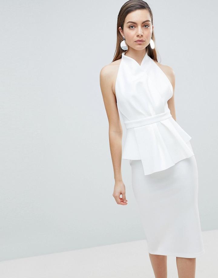 Asos Design Premium Scuba Halter Wrap Midi Dress - White