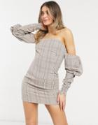 Bardot Structured Mini Dress With Puff Sleeve In Tan Plaid-multi