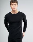 Solid Ribbed Sweater In Black With Raw Neck - Black