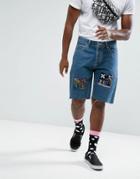 Asos X Mtv Denim Shorts In Slim Mid Blue With Print - Blue