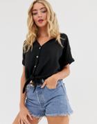 New Look Tie Front Top In Black - Black