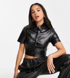 Collusion Boxy Faux Leather Short Sleeve Shirt In Black
