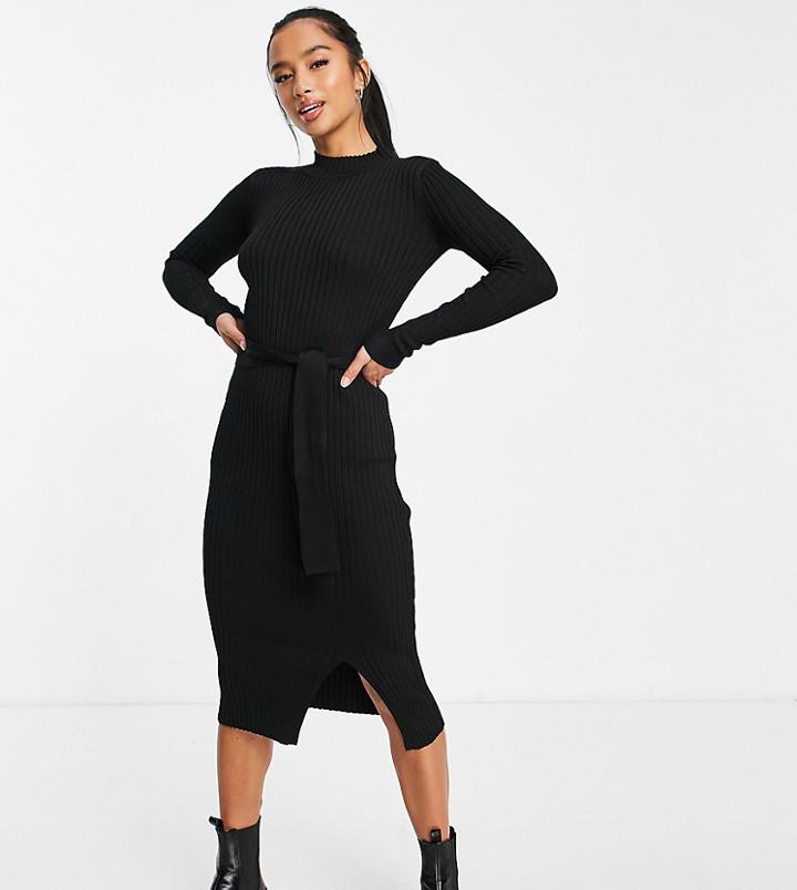 New Look Petite Ribbed Tie Waist Midi Dress In Black