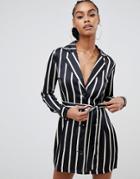 Boohoo Satin Stripe Tuxedo Dress In Mono Stripe - Black