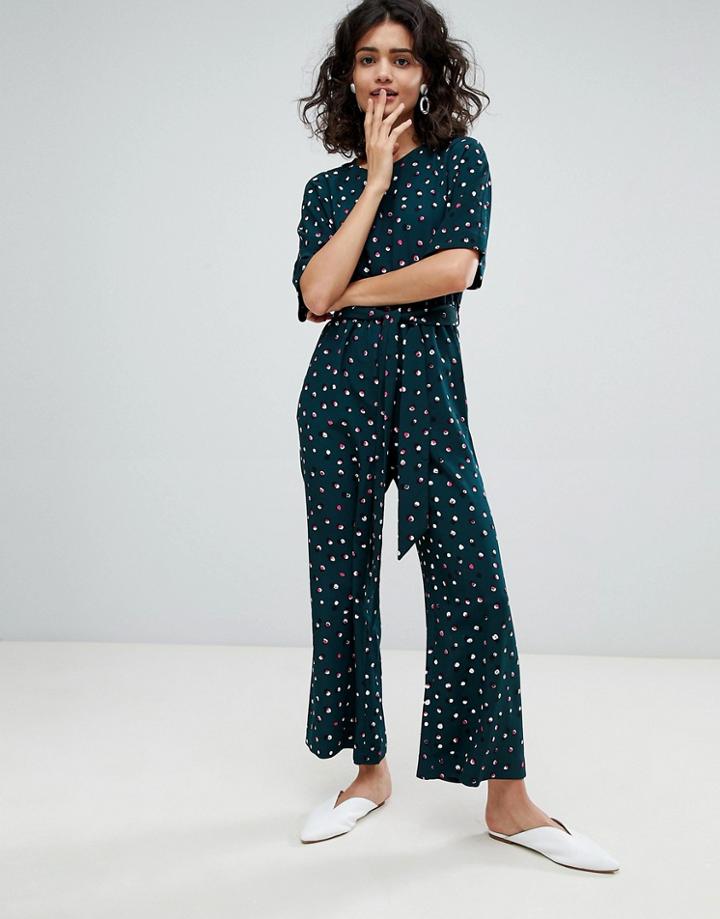 Monki Polka Dot Wide Leg Jumpsuit In Green - Green