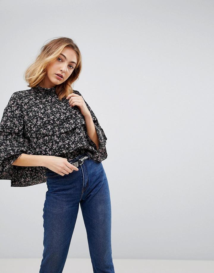Walter Baker Marci Floral Frill Blouse - Black