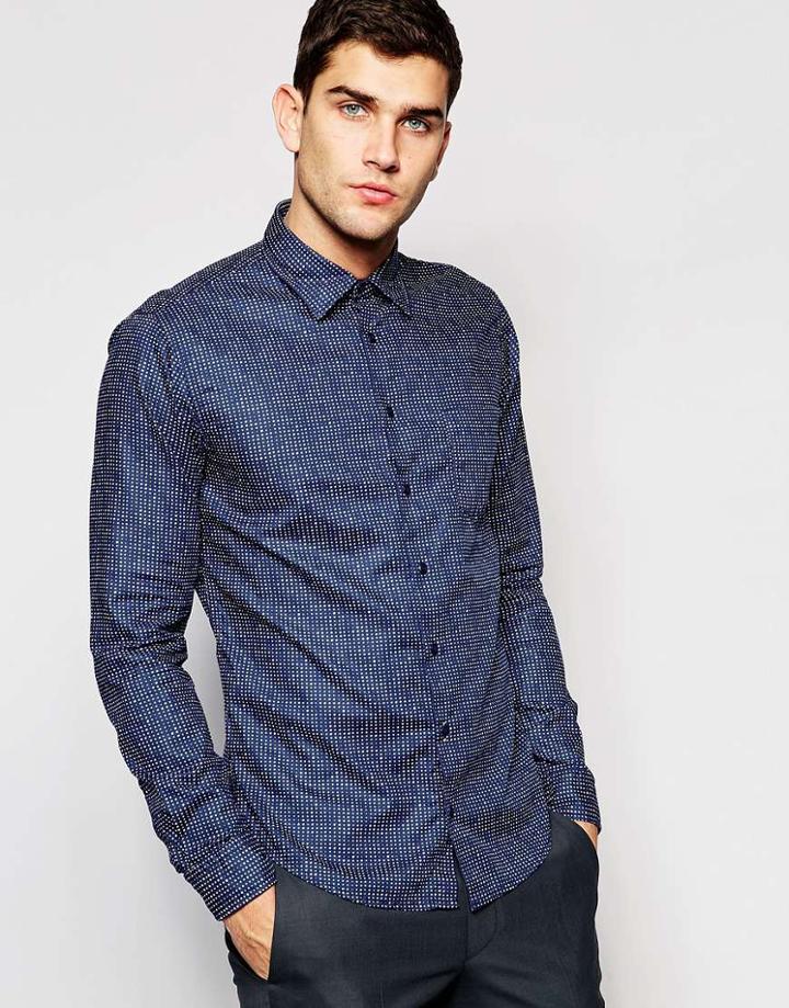 Boss Orange Shirt With Polka Dot Slim Fit - Navy