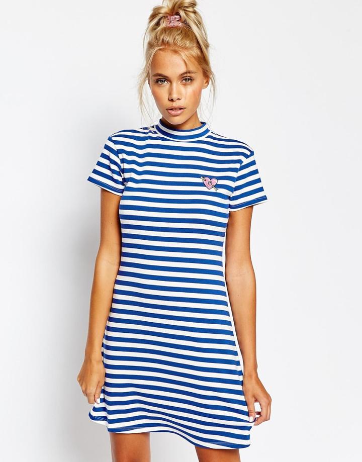 Lazy Oaf Body-conscious Stripe Dress With High Neck And Heart Detail - Blue