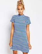 Lazy Oaf Body-conscious Stripe Dress With High Neck And Heart Detail - Blue