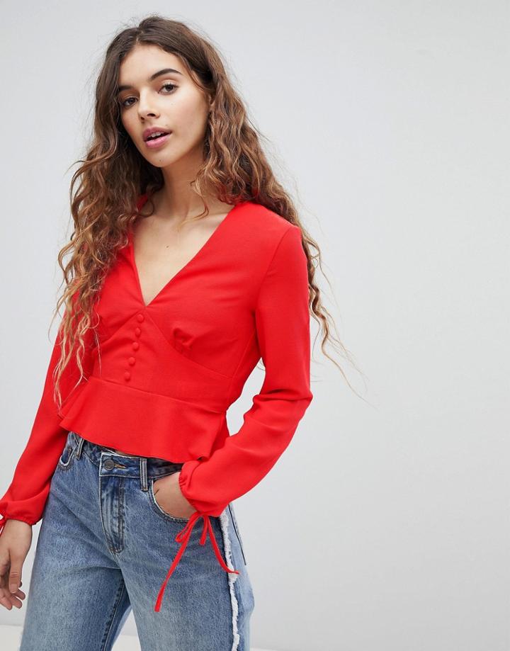 Miss Selfridge Button Down Tie Sleeve Blouse - Red