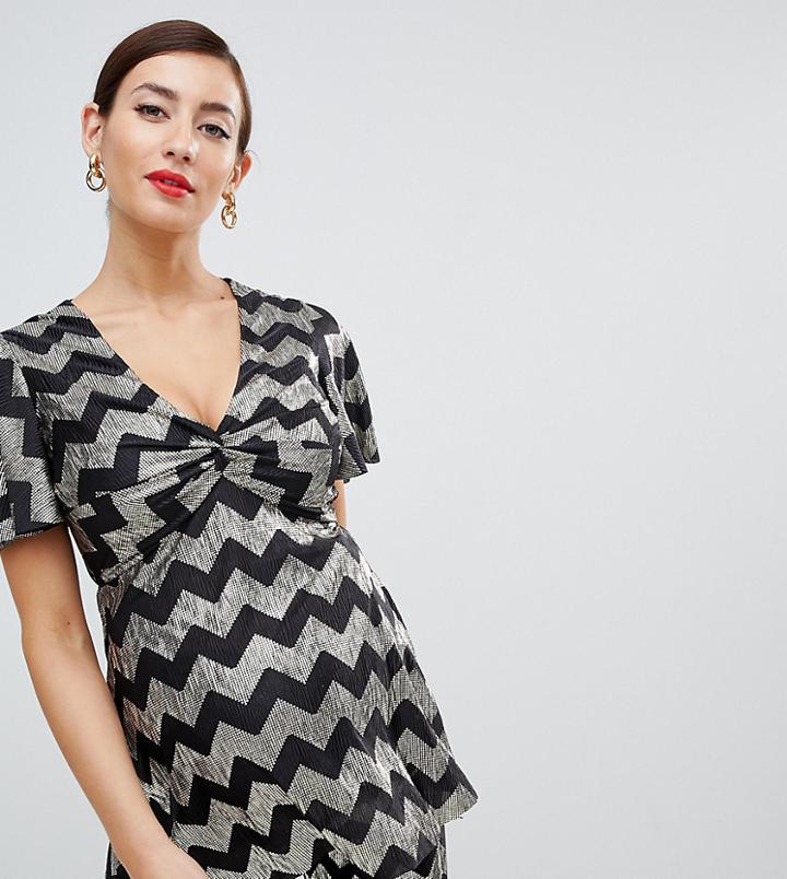 Flounce London Maternity Knot Front Top In Zig Zag Metallic - Multi