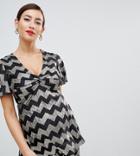 Flounce London Maternity Knot Front Top In Zig Zag Metallic - Multi