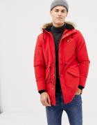 Lyle & Scott Fleece Lined Hooded Parka With Faux Fur Trim In Red