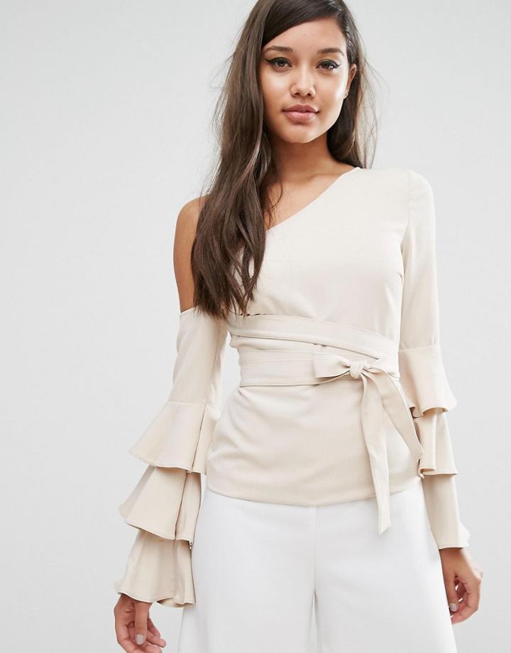 Lavish Alice Asymmetric Shoulder Tie Belt Frill Sleeve Top - Beige