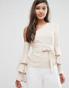 Lavish Alice Asymmetric Shoulder Tie Belt Frill Sleeve Top - Beige