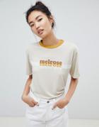 Neon Rose Vintage Ringer T-shirt With Melrose Print - Beige