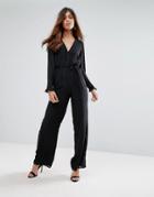 Oh My Love Pinstripe Wrap Jumpsuit With Tie Belt - Black