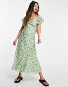 Asos Design Floral Ruffle Detail Midi Dress With Tie Detail-multi