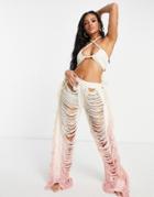 Thrifts + Threads Exaggerated Fray Detail Wide Leg Pants In Cream Pink Ombre-multi