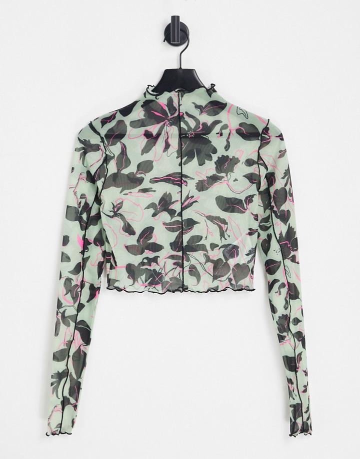 Reebok Floral Long Sleeve Crop Top In Sage Green