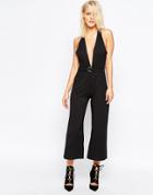 Oh My Love Plunge Front Culotte Jumpsuit With D Ring Detail - Black