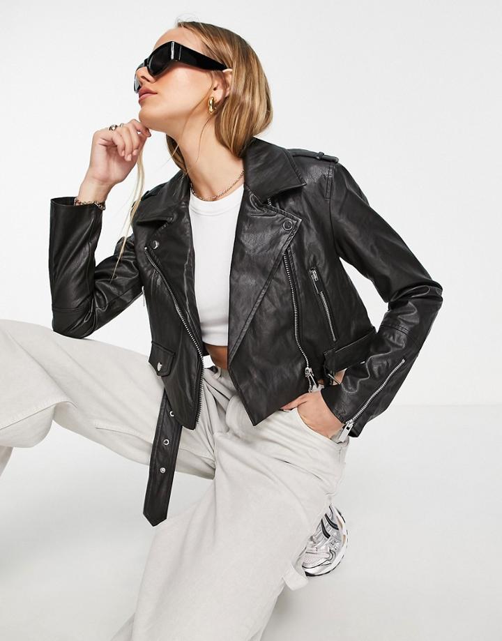 River Island Faux Leather Crop Moto Jacket In Black