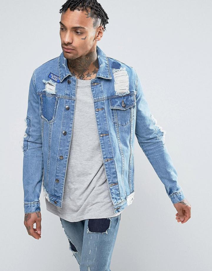 Always Rare Badges Denim Jacket Mid Wash - Blue